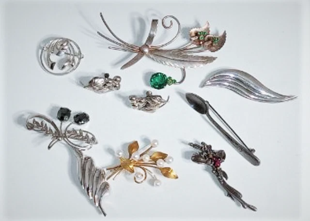 Vtg Sterling Silver Art Deco Floral Nature Pin Brooches Earrings Lot 10 Pieces