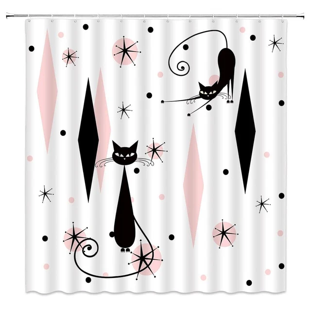 Mid Century Shower Curtain Retro Diamond Atomic Starbursts Polka D...