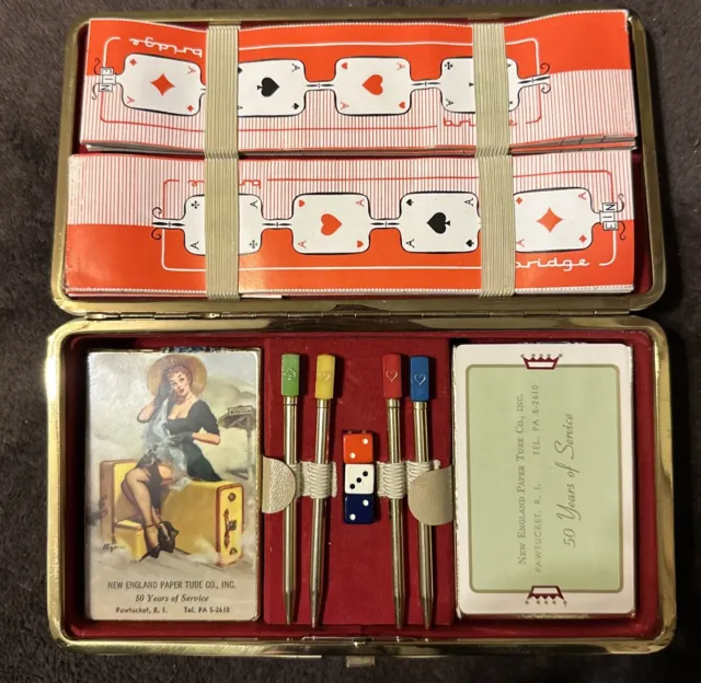 Stunning 1950s Playing Cards Bridge Set Two Decks with Mechanical Pencils RARE!!