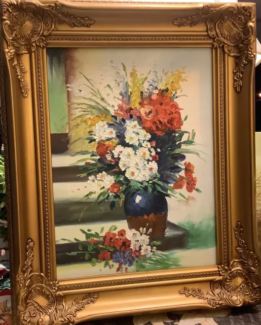 Oil On Canvas/Framed~Bouquet Of Flowers In Vase On Stairs~Colorful/Well Done~