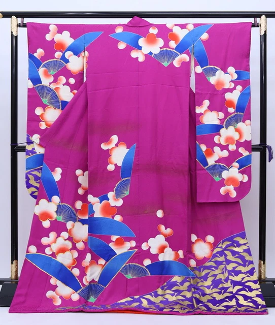 Japanese Silk Kimono Vintage Furisode Gold Purple Embroidery Crane Birds 67in.