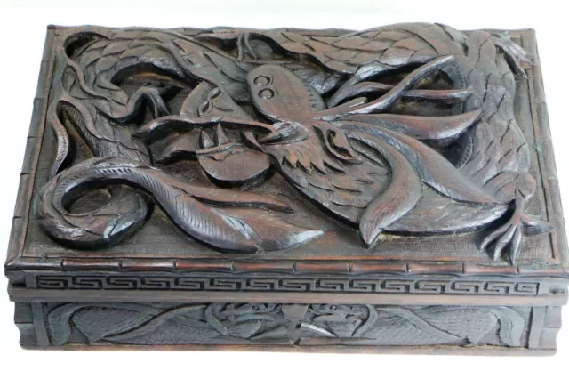 An Antique Chinese Carved Wooden Box Dragon Carving in Deep Relief Early 20th C.