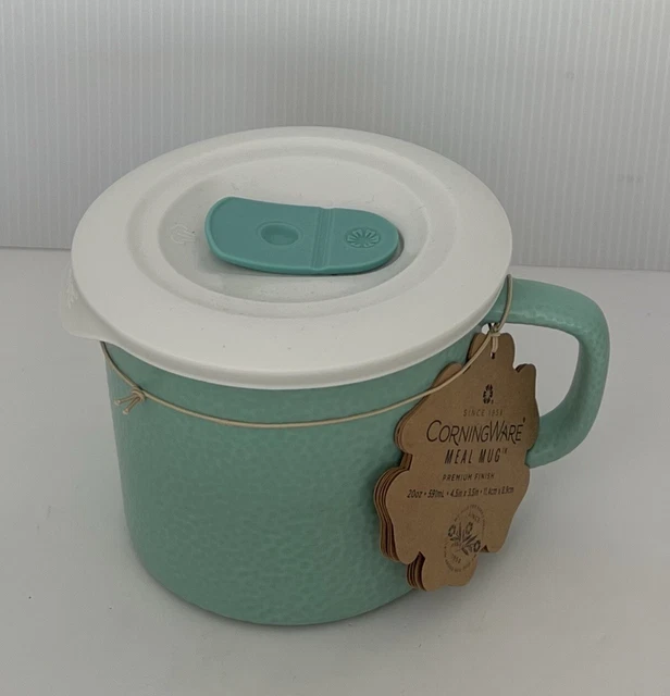 NEW CorningWare 20 oz Soup / Meal Mug w/ Lid • Pebbled Finish • Turquoise Green