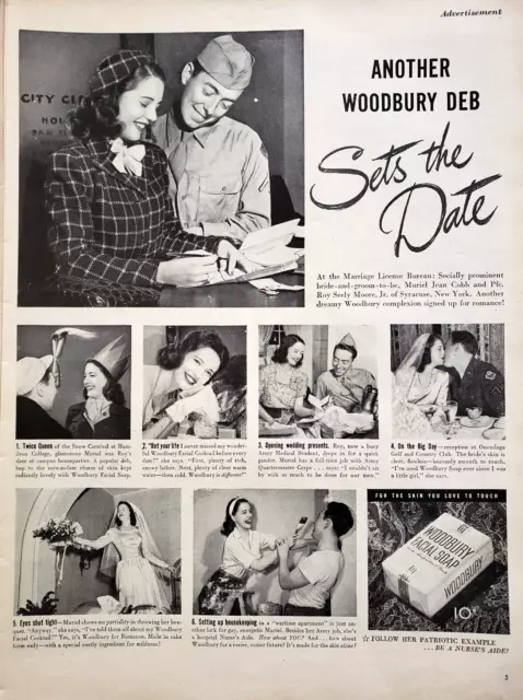 PRINT AD Woodbury Facial Soap 1945 10.5x13 Debutante Marriage Date Soldier