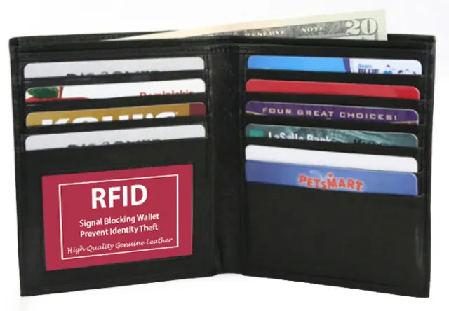 RFID Blocking Black Genuine Leather Men's Hipster Wallet 12 Card Holder