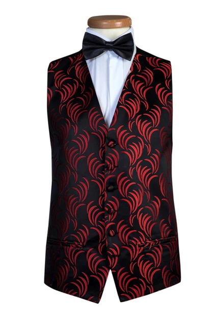 Uomo Nero Rosso Mulinello Matrimonio Abito Smoking Ballo WAISTCOAT86.4cm 91.4cm