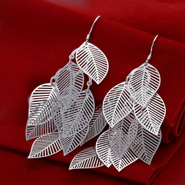 Detailed Hollow Multiple Layered Leaf Dangle 925 Sterling Silver Drop Earrings 2