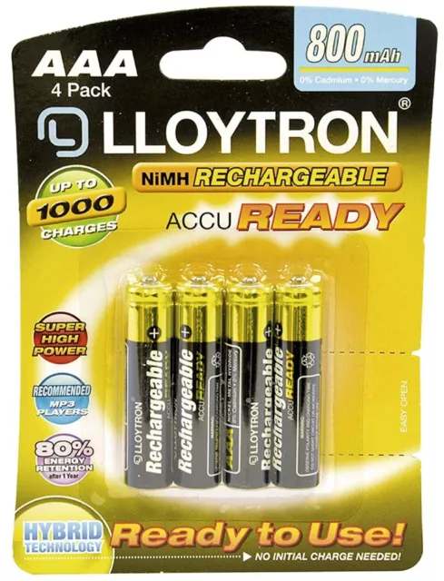 LLOYTRON Rechargeable Batteries Precharged - AA 800-2700mAh AAA 550-1100mAh NiMH 3