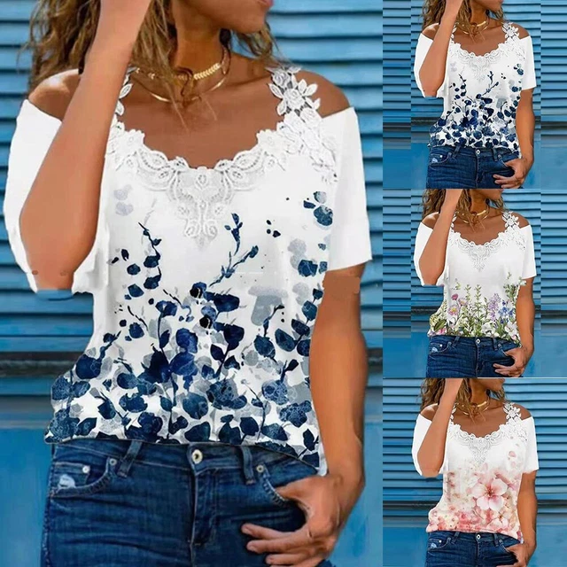 Womens Cold Shoulder Lace Floral T-Shirt Tops Ladies Summer Casual Loose Blouse