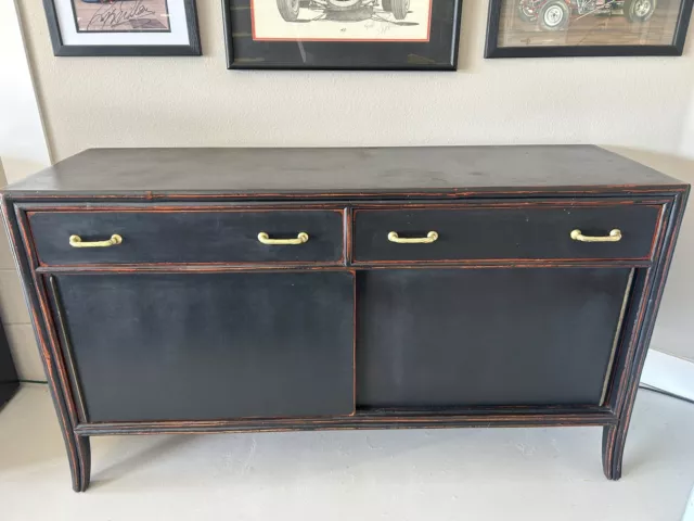 Vintage McGuire San Francisco Oak and Rattan Bamboo Dresser In Black Chalk Paint