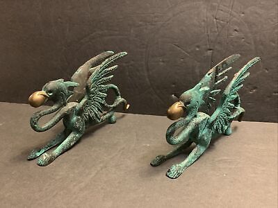 Asian Dragons Pair Cast Iron Metal Sculptures With Balls In Their Mouths 6” VTG 2