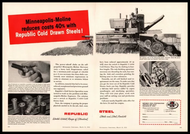 1955 Minneapolis-Moline Harvestor Republic Steel Cleveland Ohio 2-Page Print Ad