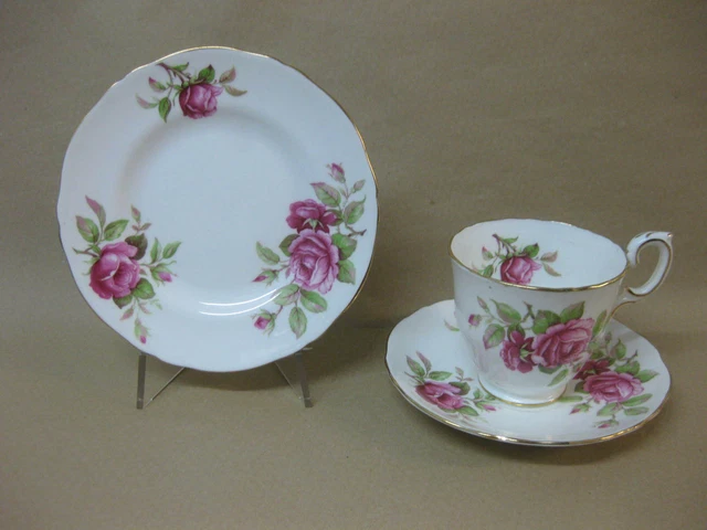 Vintage Crown Staffordshire Fine Bone China Trio Teacup Saucer Plate Pink Roses