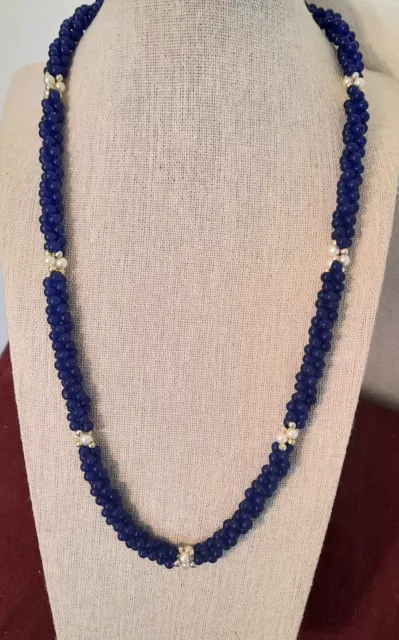 Vintage Indigo Blue Small Beaded Twisted Necklace W/Small White Faux Pearls