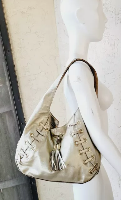 Michael Kors Leather Tassel Gold Astor Grommet Large Stitch Hobo Pre-owned