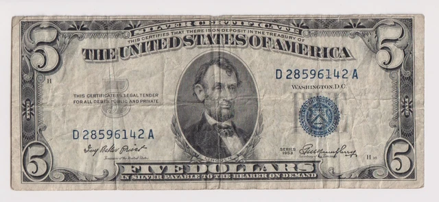 1953 Five Dollar Silver Certificate Note Bill $5