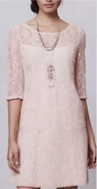 Anthropologie Maeve Lefkara Lace Dress blush pink A-line 3/4 sleeve pockets S