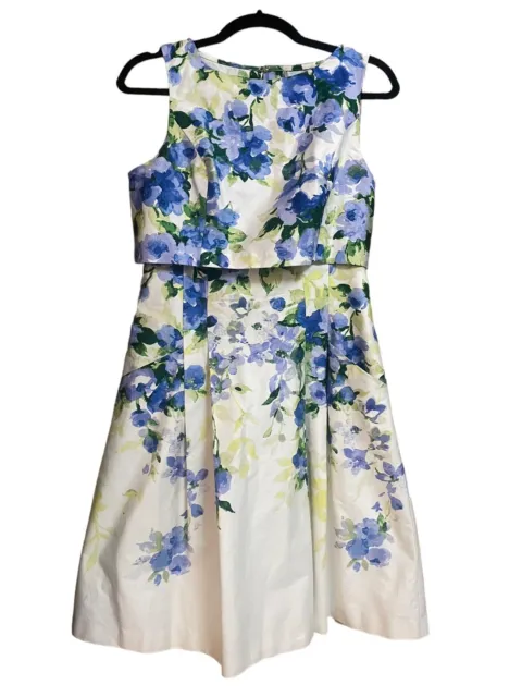 Ralph Lauren Cotton Blend White Blue Purple Floral 2 pc look Pleated Sz 6 Dress