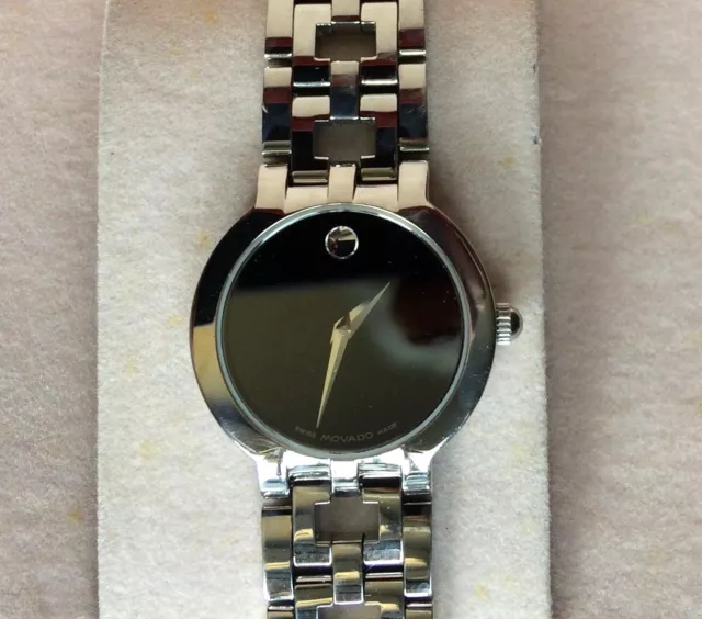 Ladies  MOVADO ESTIMO Black Museum Dial St Steel Swiss Quartz Watch 7 1/4"