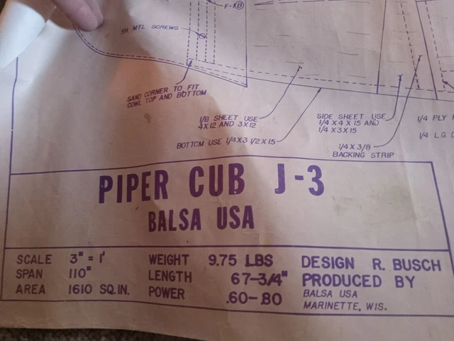 Vtg "PIPER CUB J-3" RC AIRPLANE R. BUSCH BALSA COMPLETE BLUEPRINT... Vtg "PIPER CUB J-3" RC AIRPLANE R. BUSCH BALSA COMPLETE BLUEPRINT...
