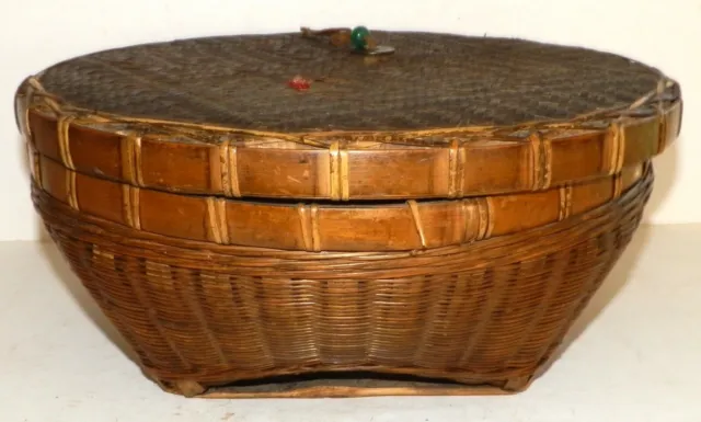 Chinese Bamboo Weave Rattan Round Basket w/ Flat Lid Oriental ikebana Vintage