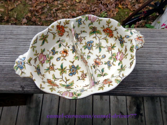 Vintage MORIYAMA MORI-MACHI Hand Painted Floral Chintz JAPAN Divided Relish Dish
