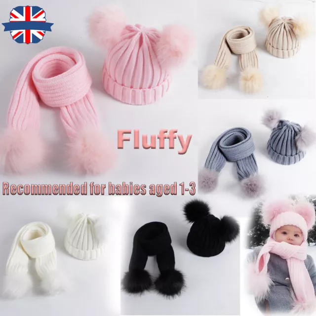 Toddler Baby Knit Hat Kid Scarf Double Pom Fluffy Fur Winter Warm Beanie Cap UK