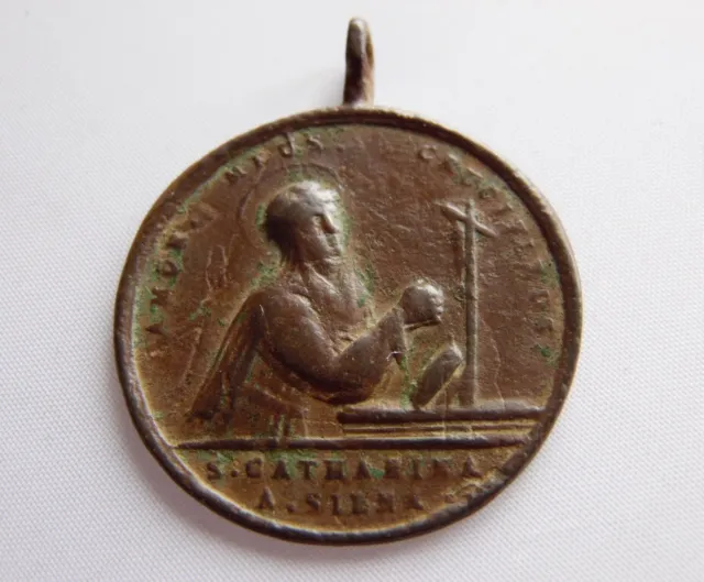 Antique Bronze Religious Medallion St. Catharine