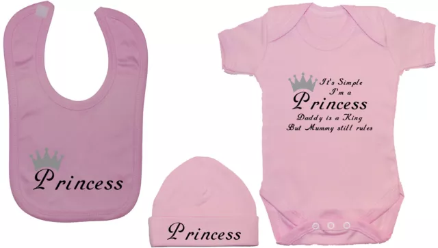 It's Simple I'm Princess...Babygrow Bodysuit Romper Vest, Feeding Bib & Hat Cap