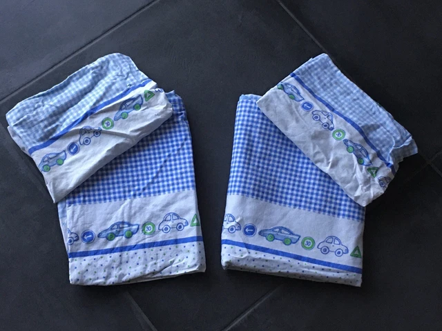 Babybettwäsche TCM 2x für Zwillinge Wendebettwäsche  blau weiß grün  Autos