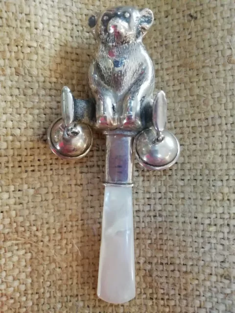 925 Silver Teddy Bear Bell Rattle Mother Of Pearl Handle Baby Christening gift.