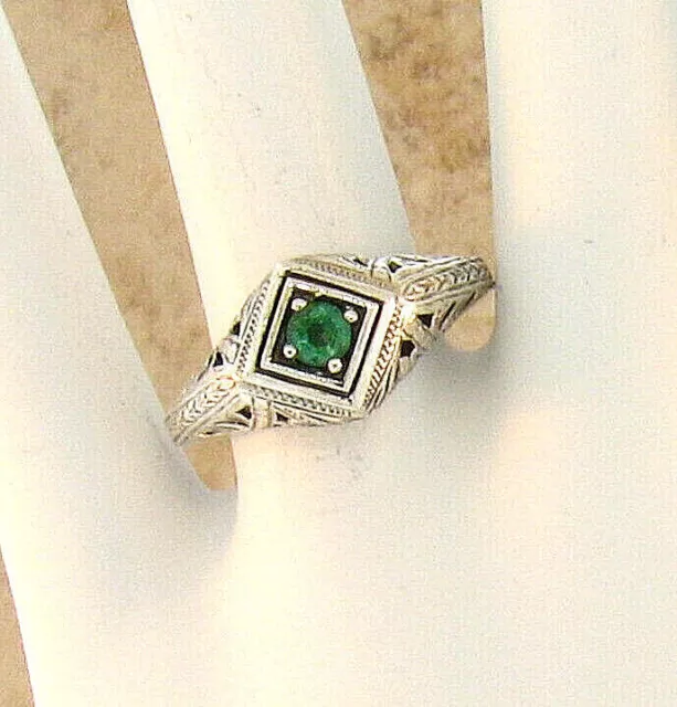 Natural Emerald 925 Sterling Silver Deco Antique Style Solitaire Ring       #147