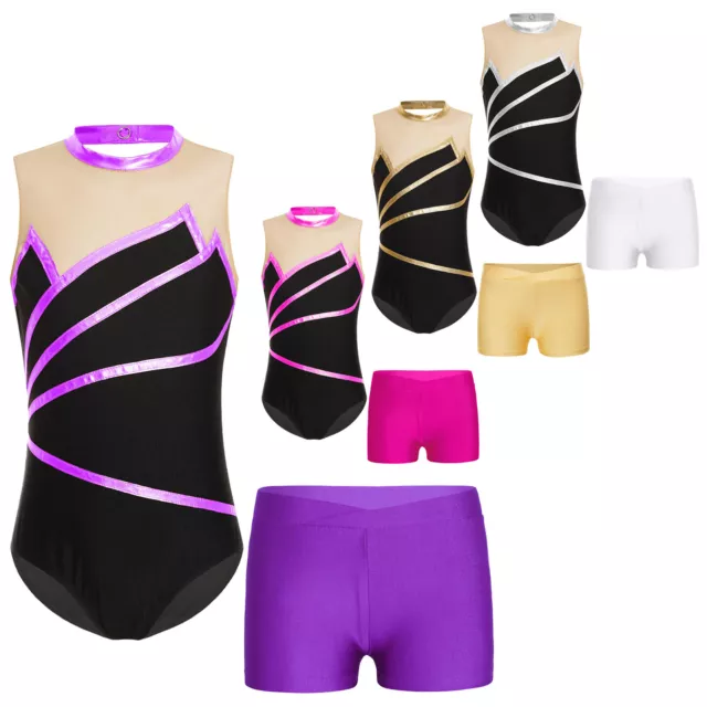 Kids Girls Leotard And Shorts Keyhole Back Gymnastics Performance Bodysuit Gym