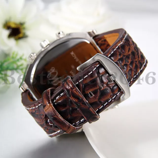 Mens Luxury Quartz Sport Military Dual Time Date Leather Band Large Wrist Watch 3