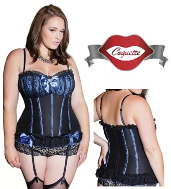 Coquette Black/Blue Bustier Corset 1X/2X 16-20 Fully Boned Bow Detail COQ-328