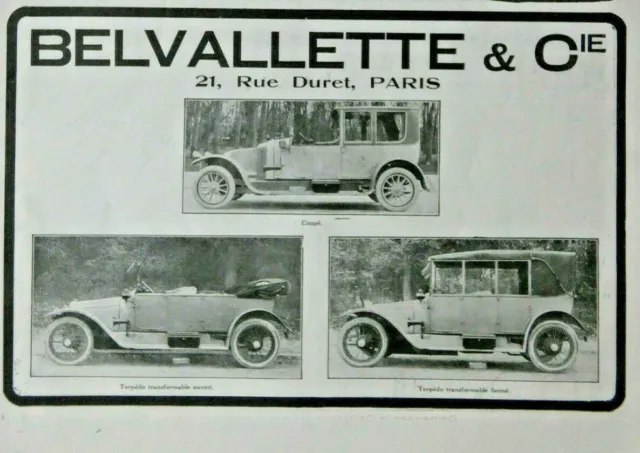 Publicité De Presse 1914 Belvallette Coupé Torpédo Transformable Ouvert Fermé