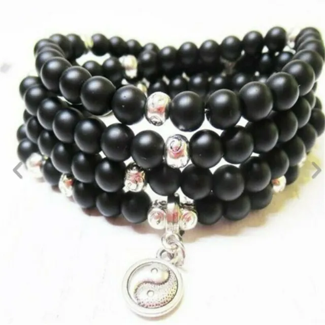6MM Obsidian Bracelet 108 Beads Buddha Pendant Mala Pray Buddhism Healing Wrist