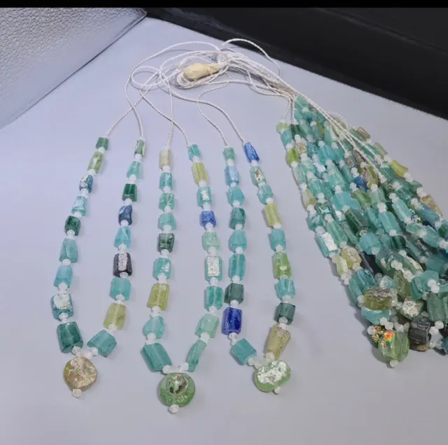Ancient aqua Roman glass, roman Era antique glass beads strand from Afghanistan