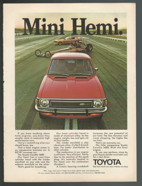 1973 TOYOTA COROLLA 1600 advertisement, Toyota Corolla print ad, Hemi engine