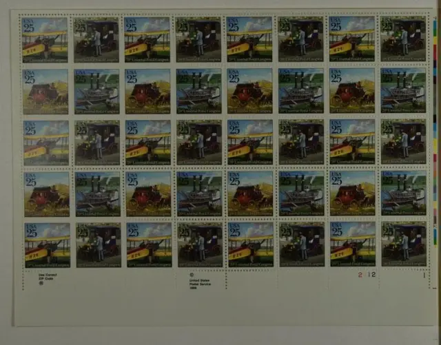 Us Scott 2434 - 2437 Sheet Of 40 Mail Transportation Stamps 25 Cent Face Mnh