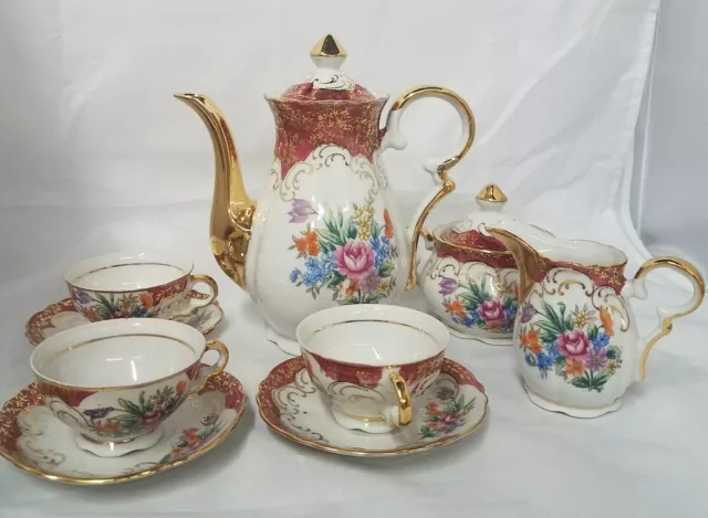 Rare Bavaria Germany Porcelain Tea Set Floral Spray With Gold Overlay Porzellan