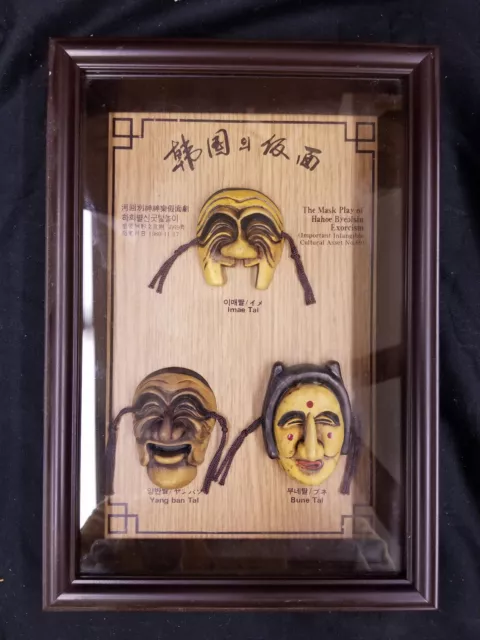 Masque traditionnel coréen vintage hahoetal culturel hangul affichage encadré en verre 2