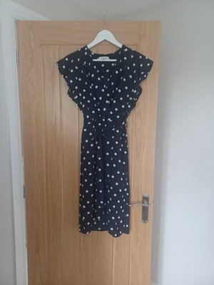 Monteau Polka Dot Dress Medium Navy Blue with White Spots Above Knee Short...