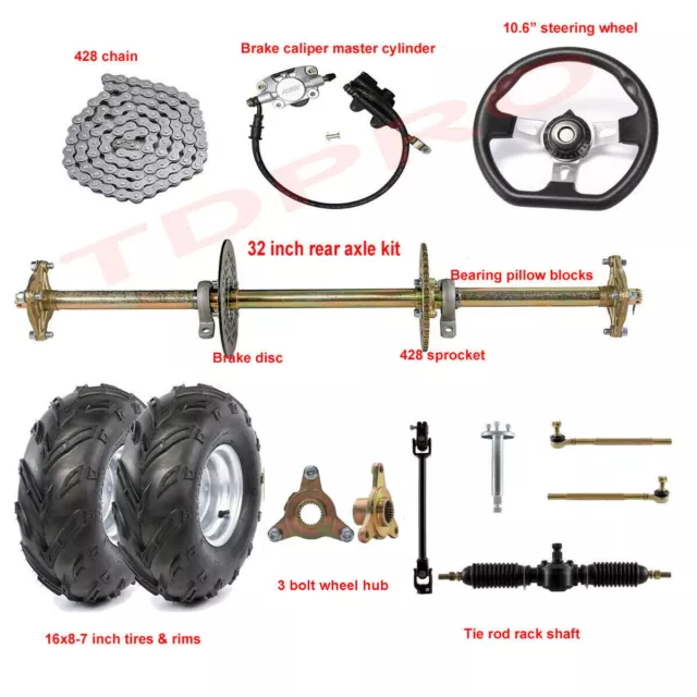 32 Go Kart ATV Rear Axle Kit + Brake+ Front Steering Assembly Quad Bike Go Cart