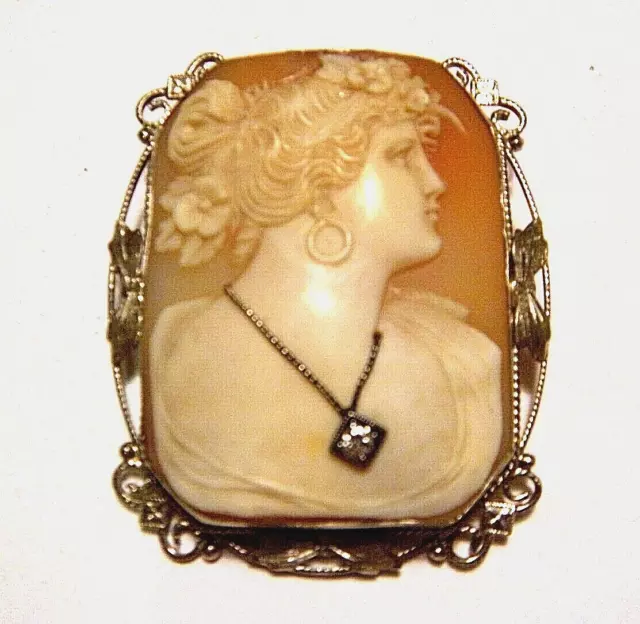 Victorian Lady 14K White Gold Diamond Habille Cameo Pin Pendant Carved Shell