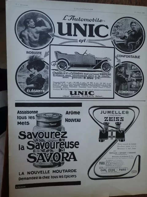 UNIC automobile torpédo + SAVORA + CARL ZEISS publicité papier ILLUSTRATION 1912