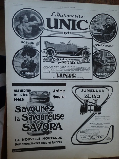UNIC automobile torpédo + SAVORA + CARL ZEISS publicité papier ILLUSTRATION 1912