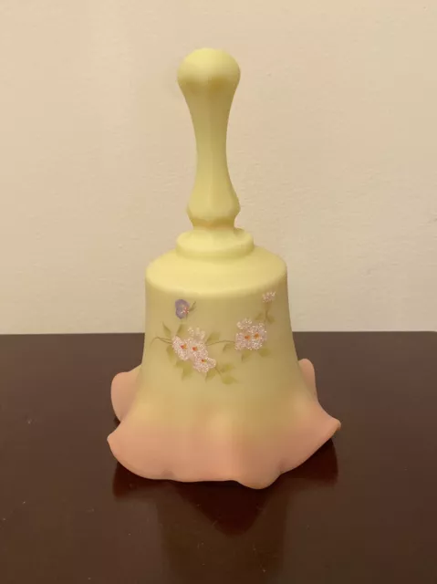1985 Fenton Yellow Burmese Satin Uranium Glass Bell W/Butterfly Flowers Signed