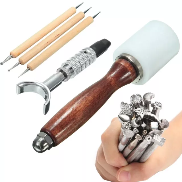 25 piezas/juego de herramientas de costura de acero inoxidable mazo de madera grabado de cuero para imprimir