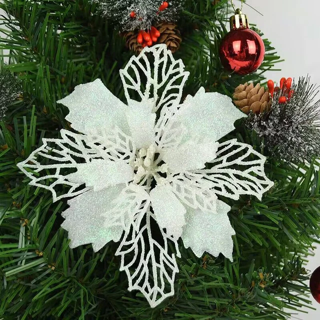 10X Large Christmas Poinsettia Glitter Flower Tree Hanging Party Xmas Decor UK^